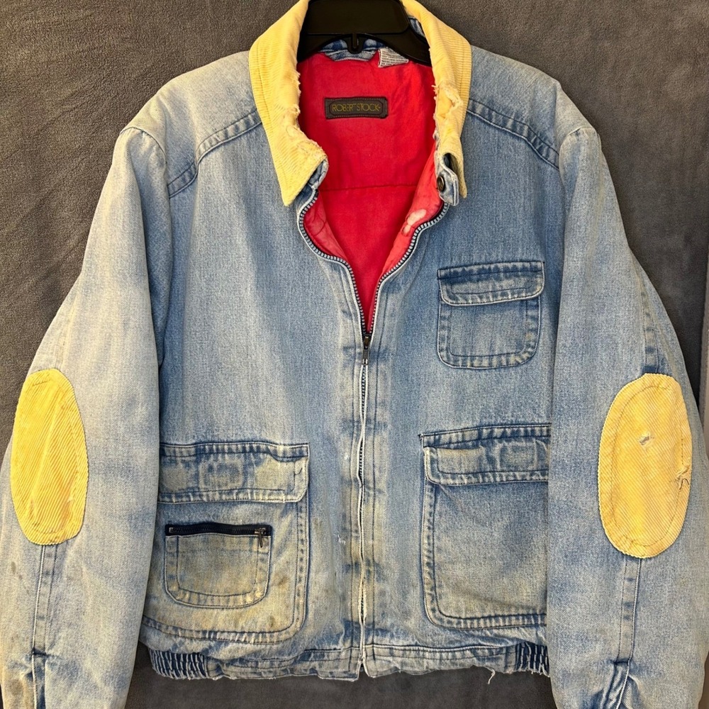 VTG Thrashed Denim Bomber Jacket XL Distressed Insulated Corduroy Patch Workwear